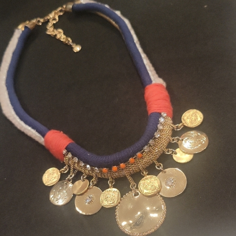 Boho Coin Charm Necklace with Navy and Coral Wrapped Cord